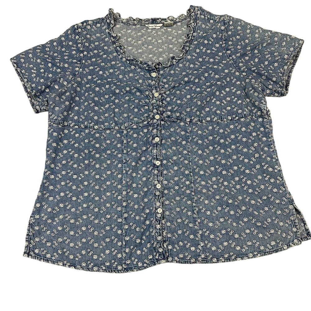 Quizz Woman Denim Top Women 18/20 Blue Daisy Embroidered Ruffle 100%‎ Cotton